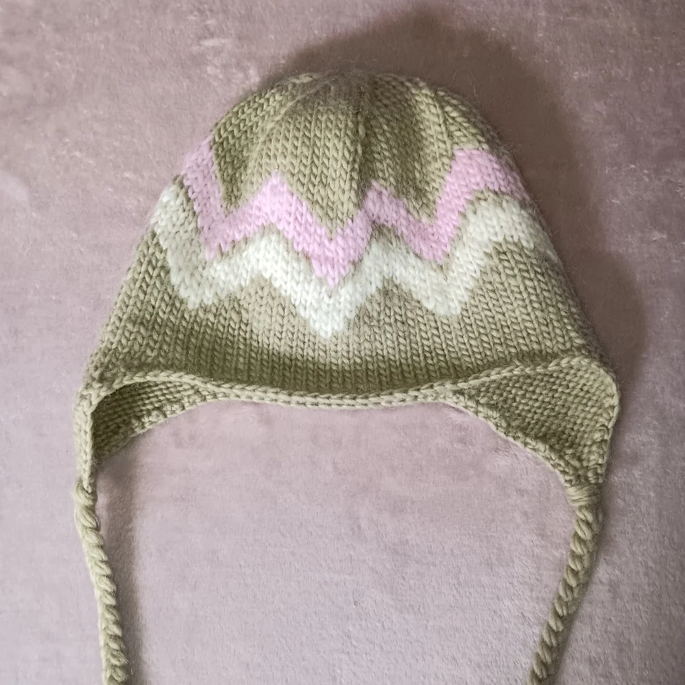 Burton 100% Wool Knit Child's Tan Pink Cream Winter Hat With Braids OSFA